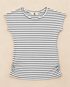 A Black and white striped Women's T-shirt combines comfort with a side-gather placed on the light beige 