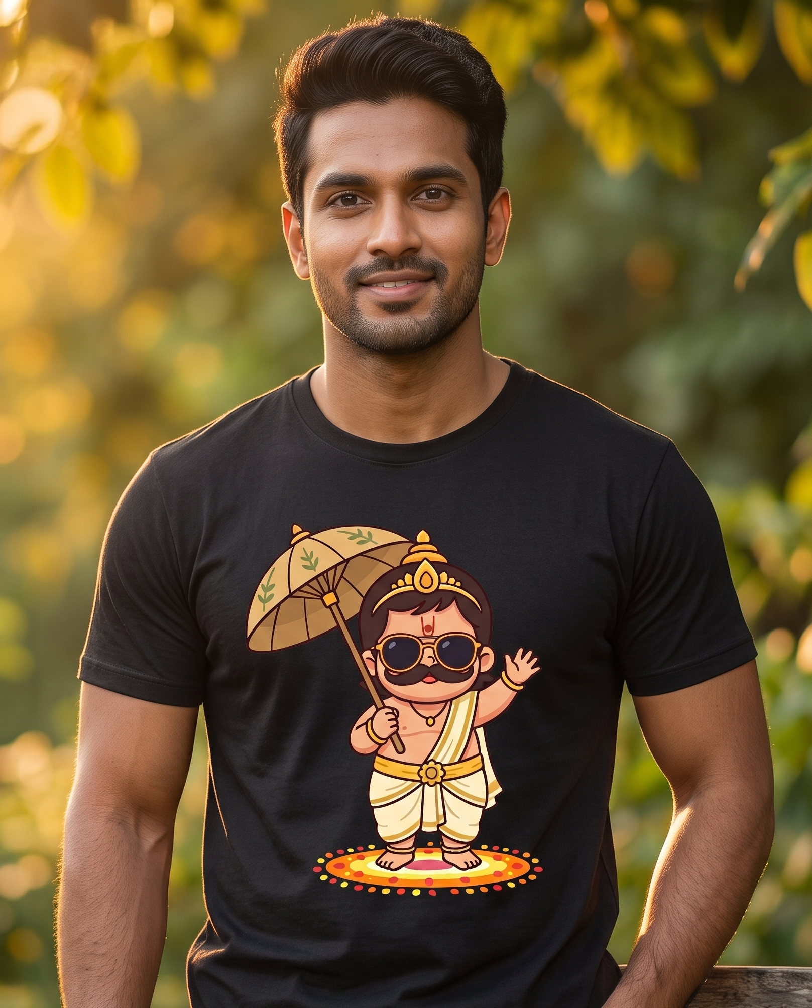 A man wearing a black graphic t-shirt with a cartoon illustration of a mustached deity holding an umbrella, set against a warm, sunlit outdoor background with green foliage.