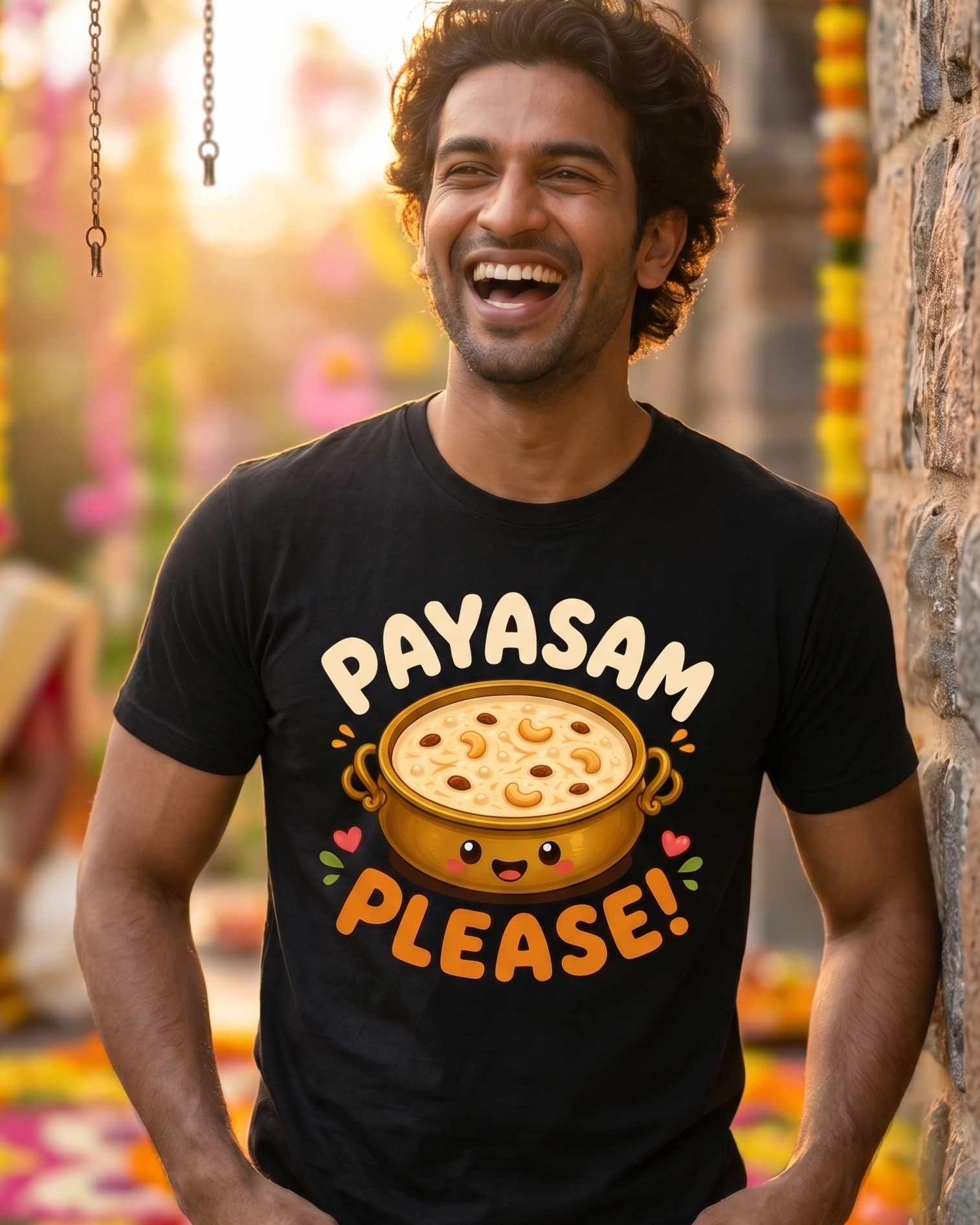 A man wearing a black graphic t-shirt with a cartoon pot of food and the text 'PAYASAM PLEASE!' in a festive, decorated outdoor setting.