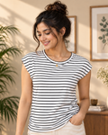 A stylish black and white striped T-shirt featuring a comfortable round neck, short magyar sleeves, and a trendy side-gather detail for a flattering silhouette. 