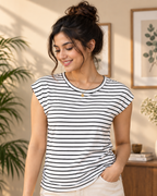 A stylish black and white striped T-shirt featuring a comfortable round neck, short magyar sleeves, and a trendy side-gather detail for a flattering silhouette. 