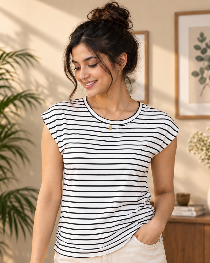 A stylish black and white striped T-shirt featuring a comfortable round neck, short magyar sleeves, and a trendy side-gather detail for a flattering silhouette. 