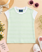 A trendy green and white striped kids’ T-shirt with white cap sleeves T-shirt placed on the light beige background