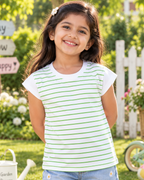 A trendy green and white striped kids’ T-shirt with white cap sleeves and a classic round neck, designed for everyday comfort and effortless style.
