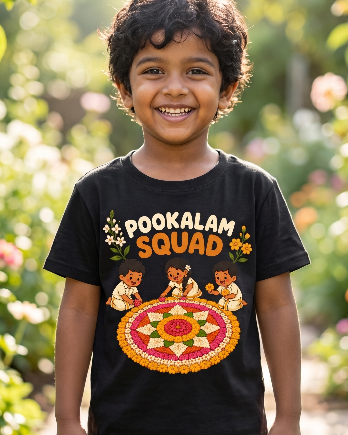 A young boy smiling in a garden wearing a black graphic t-shirt that reads 'POOKALAM SQUAD' with a colorful traditional Indian mandala design.