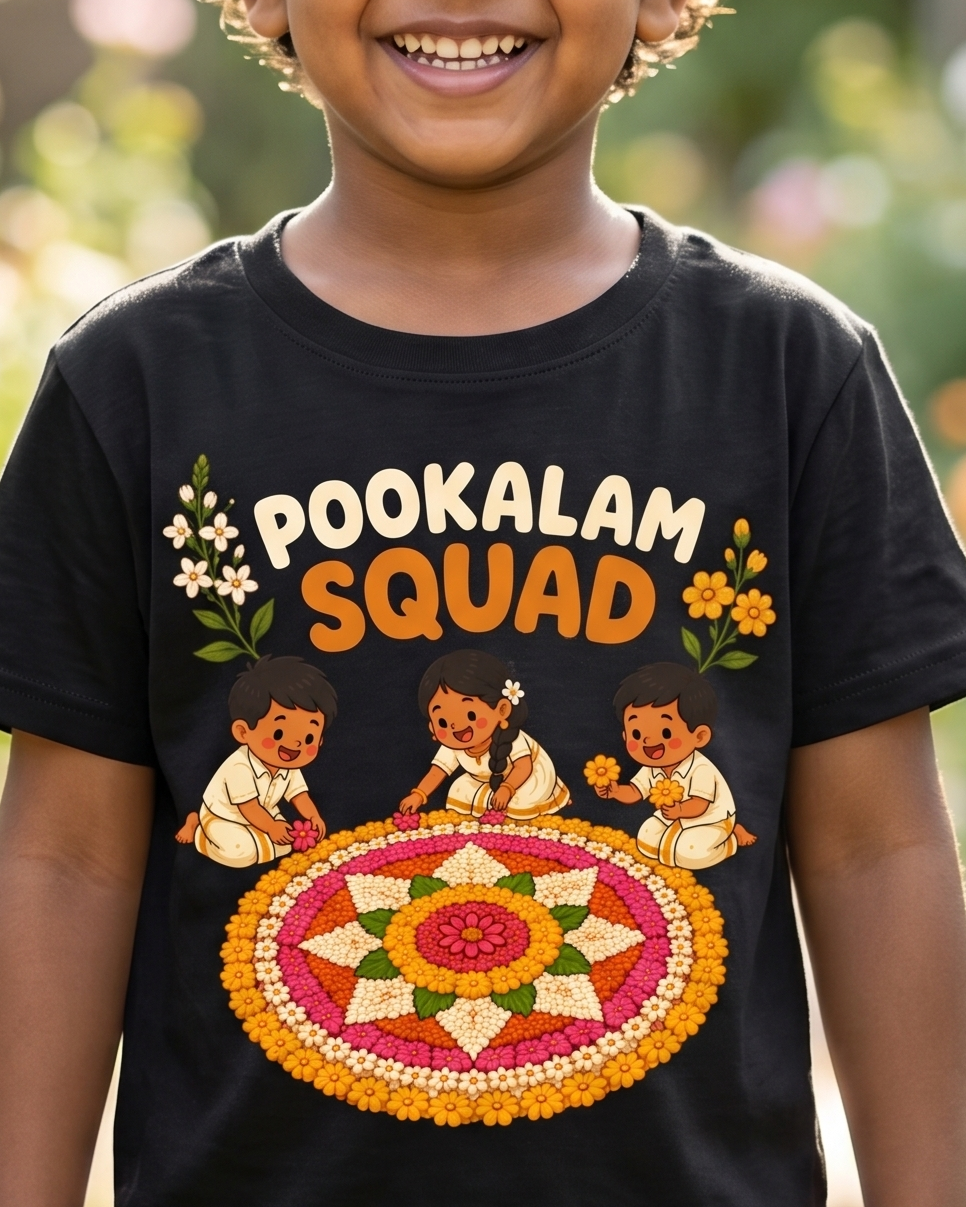 Pookalam Squad Black Kid's Half Sleeve T-Shirt