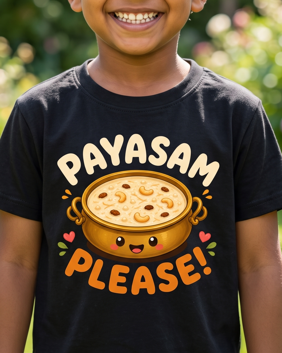 A young boy smiling outdoors wearing a black t-shirt with a cartoon pot of food and the text 'PAYASAM PLEASE!' printed on the front.