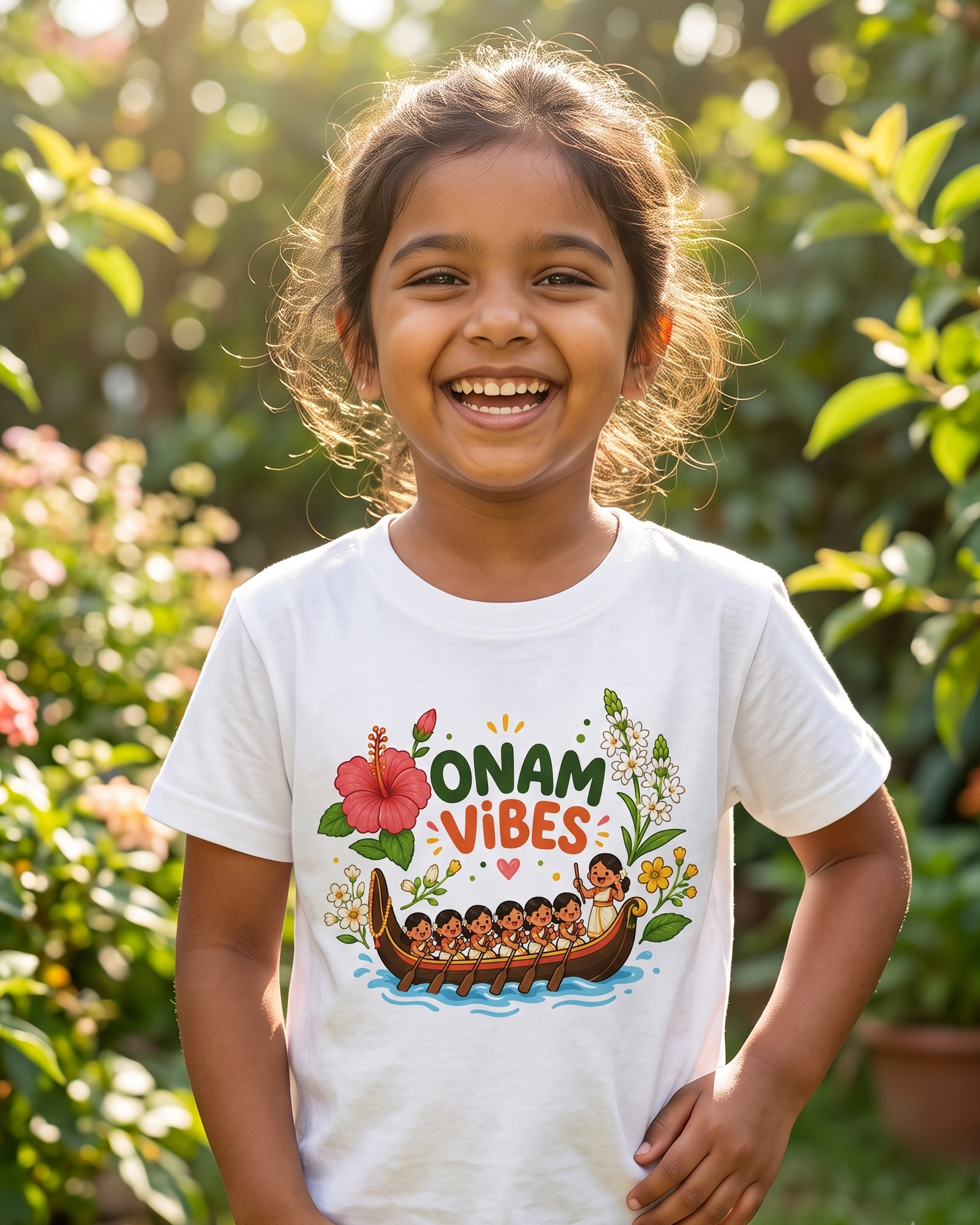 A young girl smiling in a sunny garden, wearing a white t-shirt with a colorful graphic that reads 'ONAM VIBES' above a traditional boat illustration.