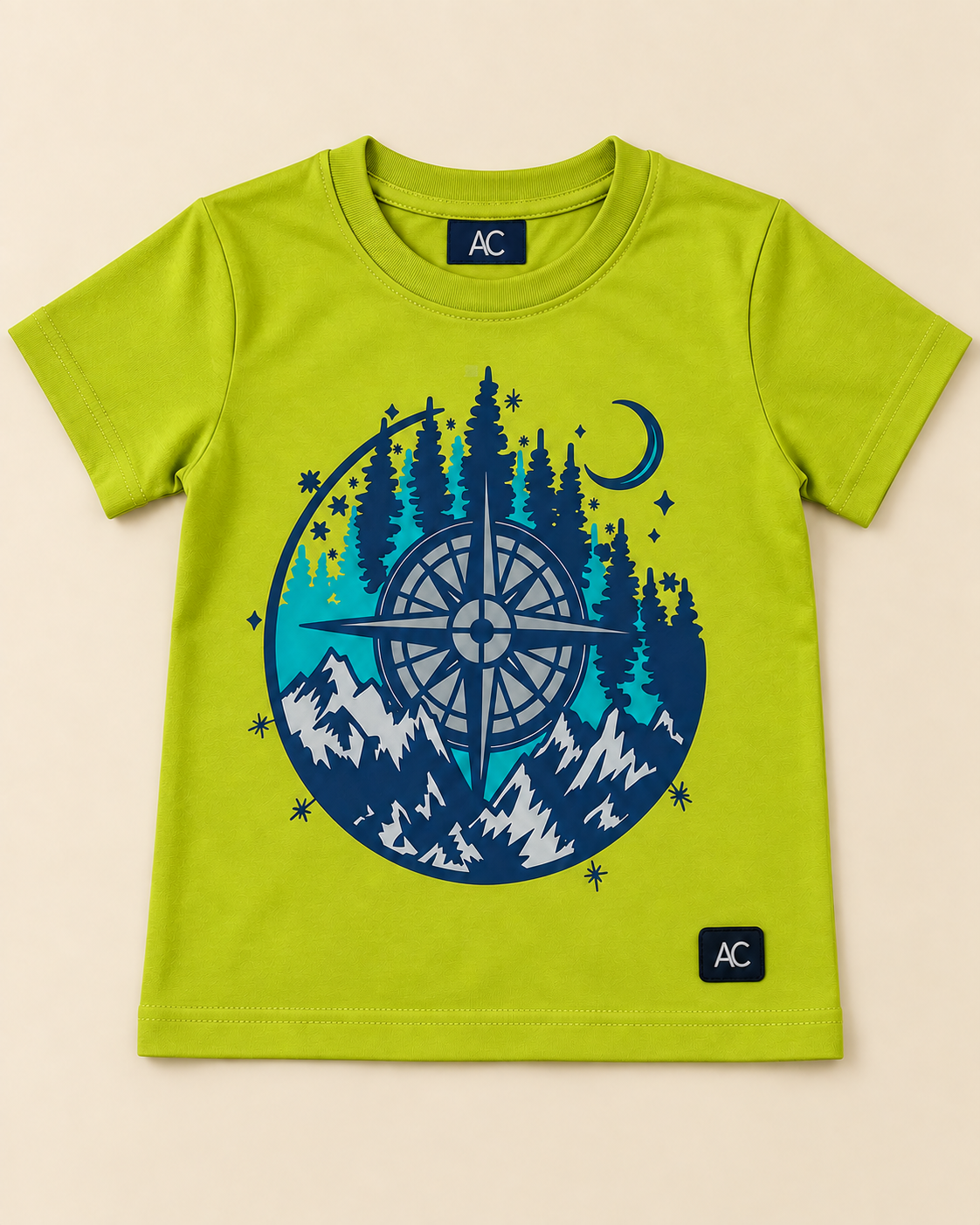 Adventure Compass Lime Green Half sleeve T-shirt placed on the light beige background