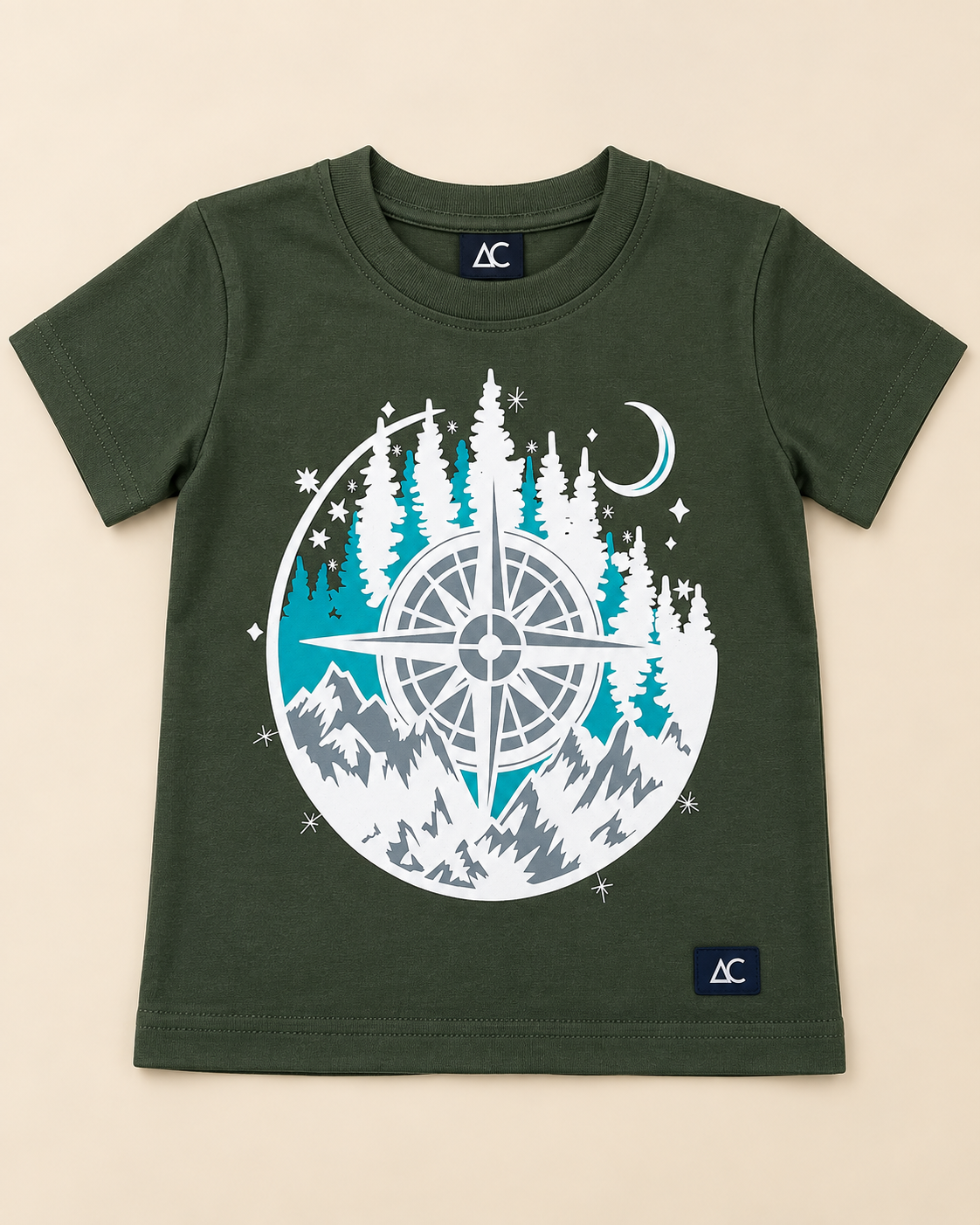 Adventure Compass Olive Green Half sleeve T-shirt placed on the light beige background