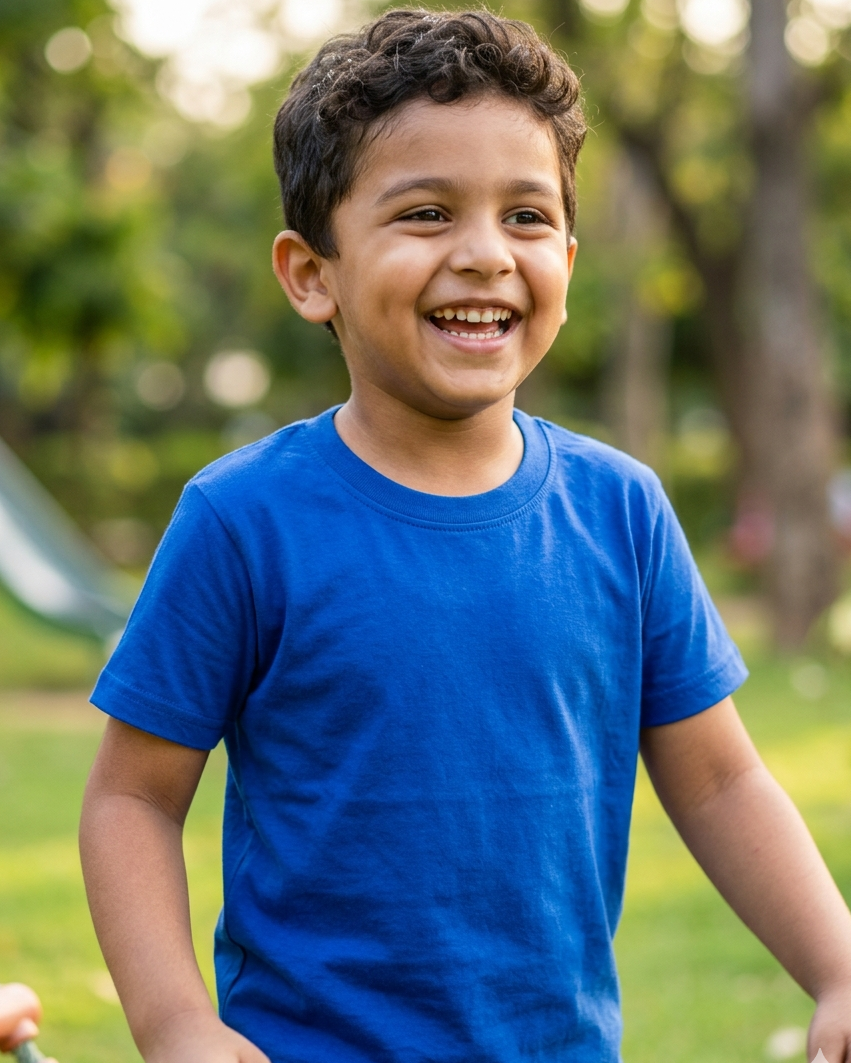 An enthusiastic young boy playing football by wearing comfortable blue cotton t shirt.