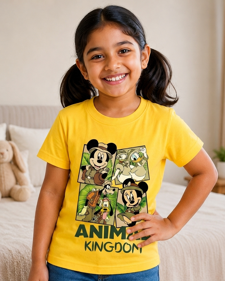 Girl wearing a Animal Kingdom Yellow Kids T-shirt with Half sleeve and Round Neck 