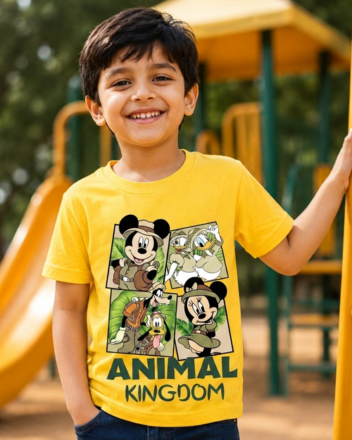 Boy wearing a Animal Kingdom Yellow Kids T-shirt with Half sleeve and Round Neck 