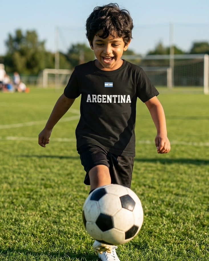 Child wearing a black  t-shirt with 'ARGENTINA' printed on it in a colourful outdoor playground.