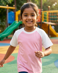 A Girl wearing a Baby Pink with White Raglan Sleeve T-Shirt and playing in park .