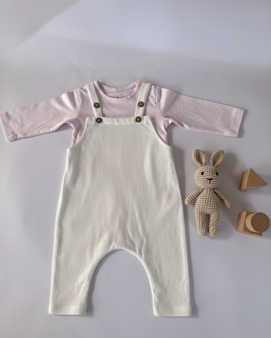 Baby outfit with pink shirt and beige overalls on a light gray background, accompanied by a plush toy and wooden blocks.