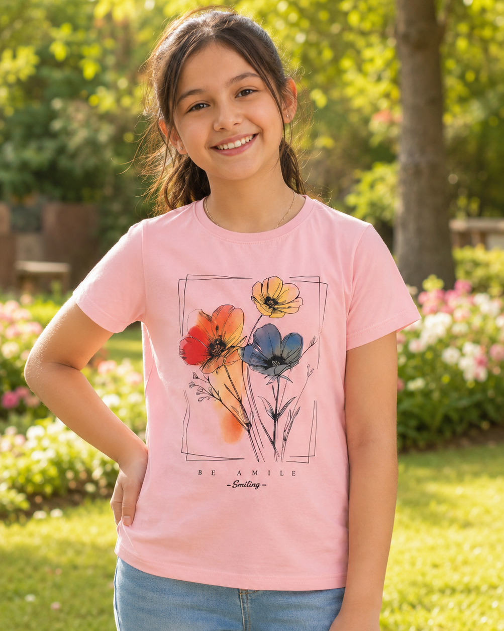 Girl wearing a Baby pink T-shirt with floral print design posing in garden