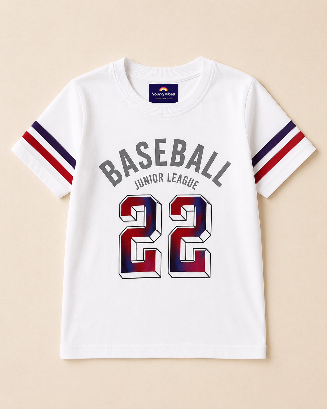 Baseball print design in kids white T-shirt placed in Light beige background