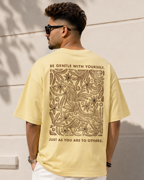 back view of Be gentle with yourself Floral print Yellow Oversized T-shirt