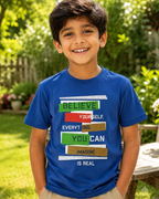 Boy wearing a Believe Yourself Dark Blue Kid's T-shirt
