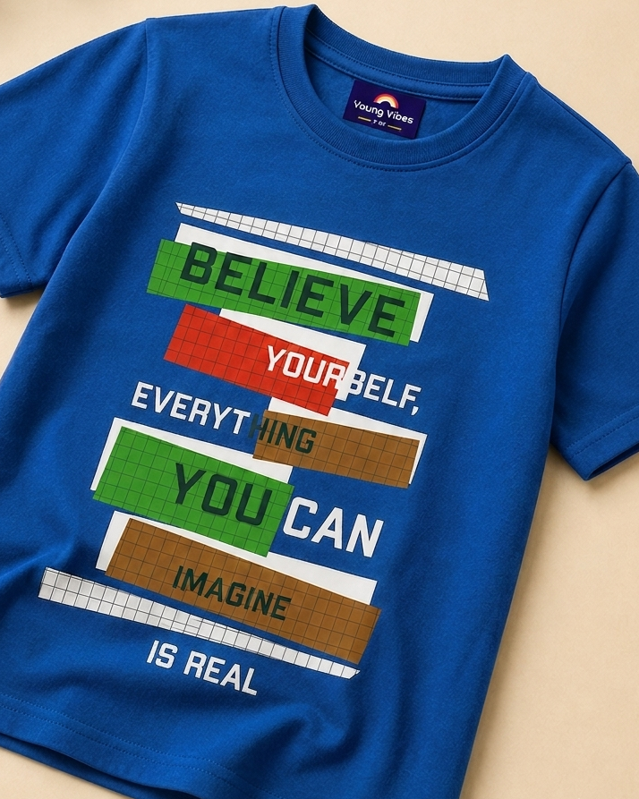 Believe Yourself Dark Blue Kid's T-shirt placed on the light beige background