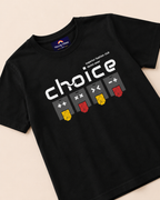 Black t-shirt with Choice print details with gaming symbol placed on the light beige background