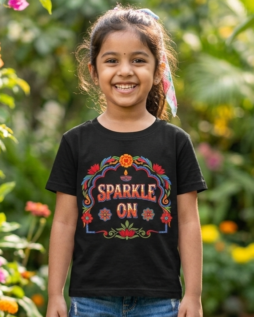 Girl wearing a Black T-shirt with half sleeve print design of Sparkle On