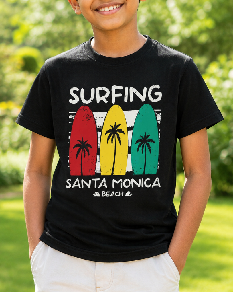 Black T-shirt with surfing print closeup view