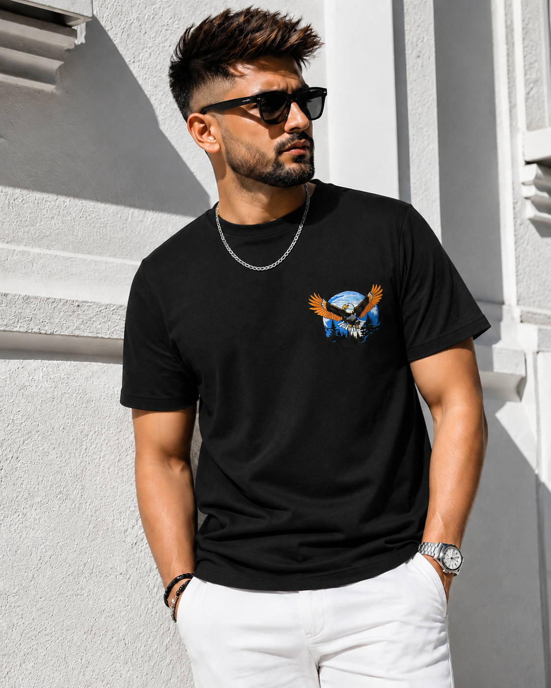 Young man wearing Black embroidered Cream Regular Fit T-shirt