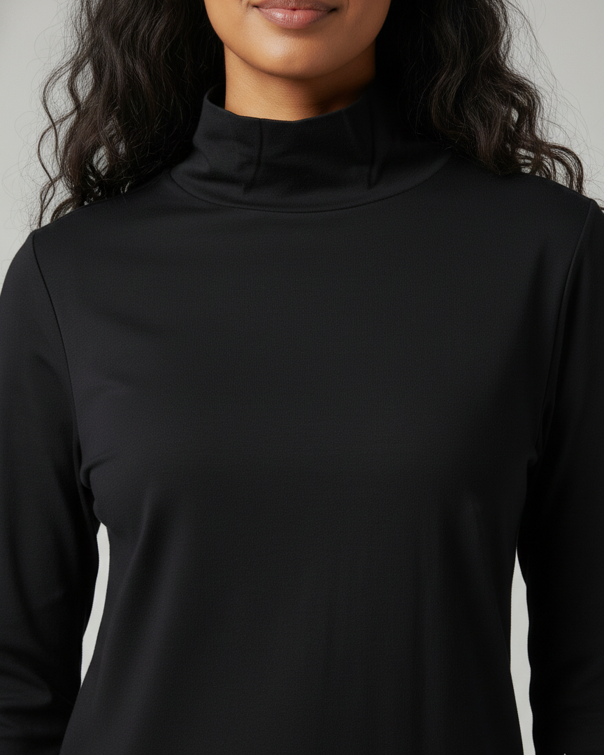 Black high neck shirt worn by a person against a neutral background