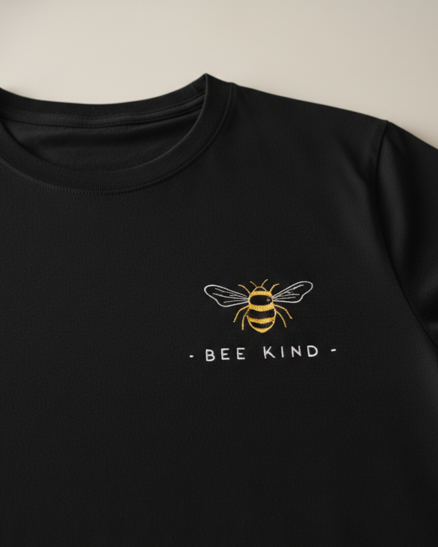 Black sweatshirt with a bee design and 'BEE KIND' text on a beige background