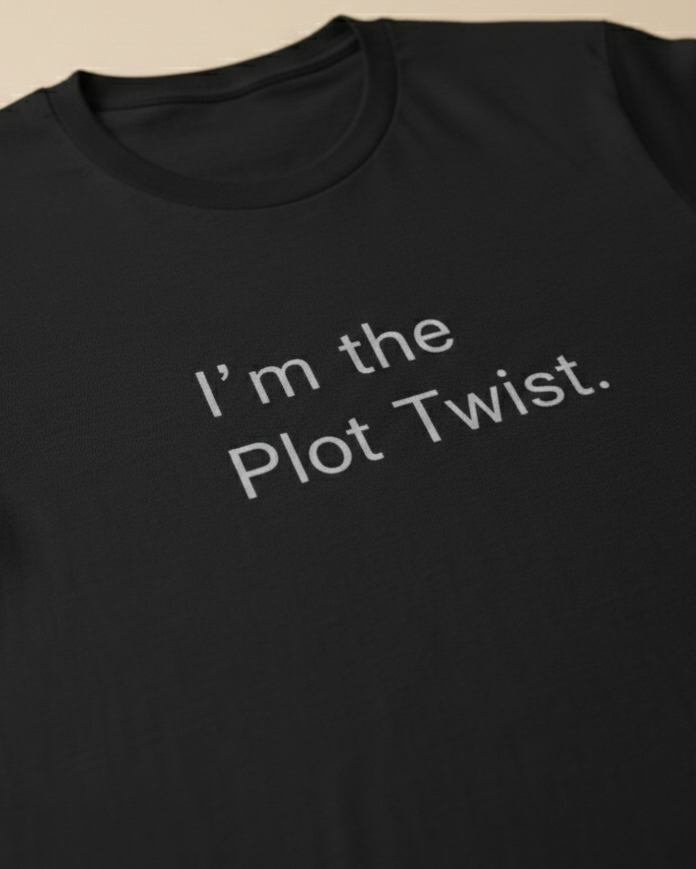 Black t-shirt with 'I'm the Plot Twist' text on a beige background