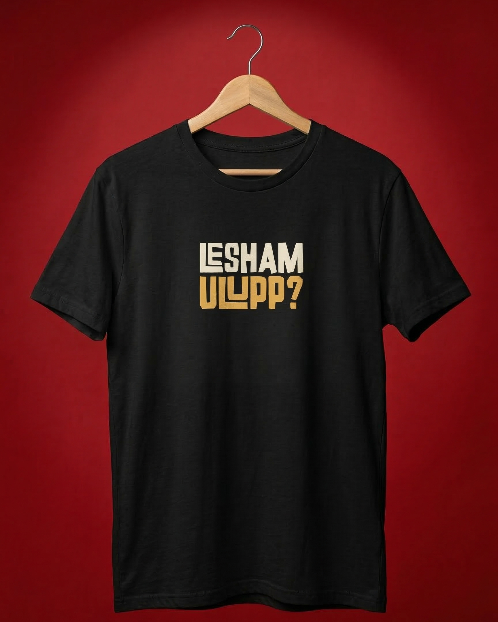 Black t-shirt with 'LESHAM ULLPP?' text on a red background
