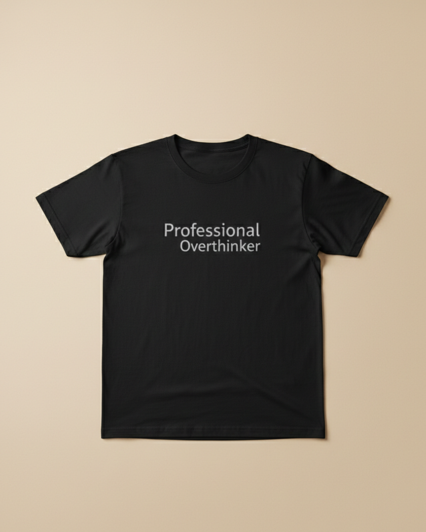Black t-shirt with 'Professional Overthinker' text on a beige background