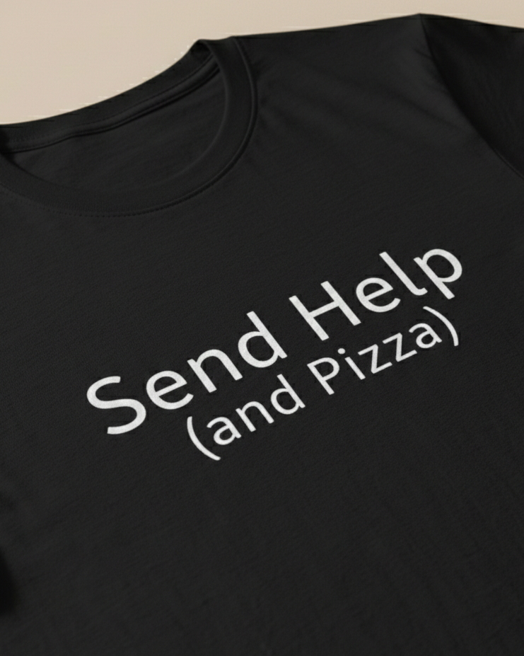 Black t-shirt with 'Send Help (and Pizza)' text on a beige background.