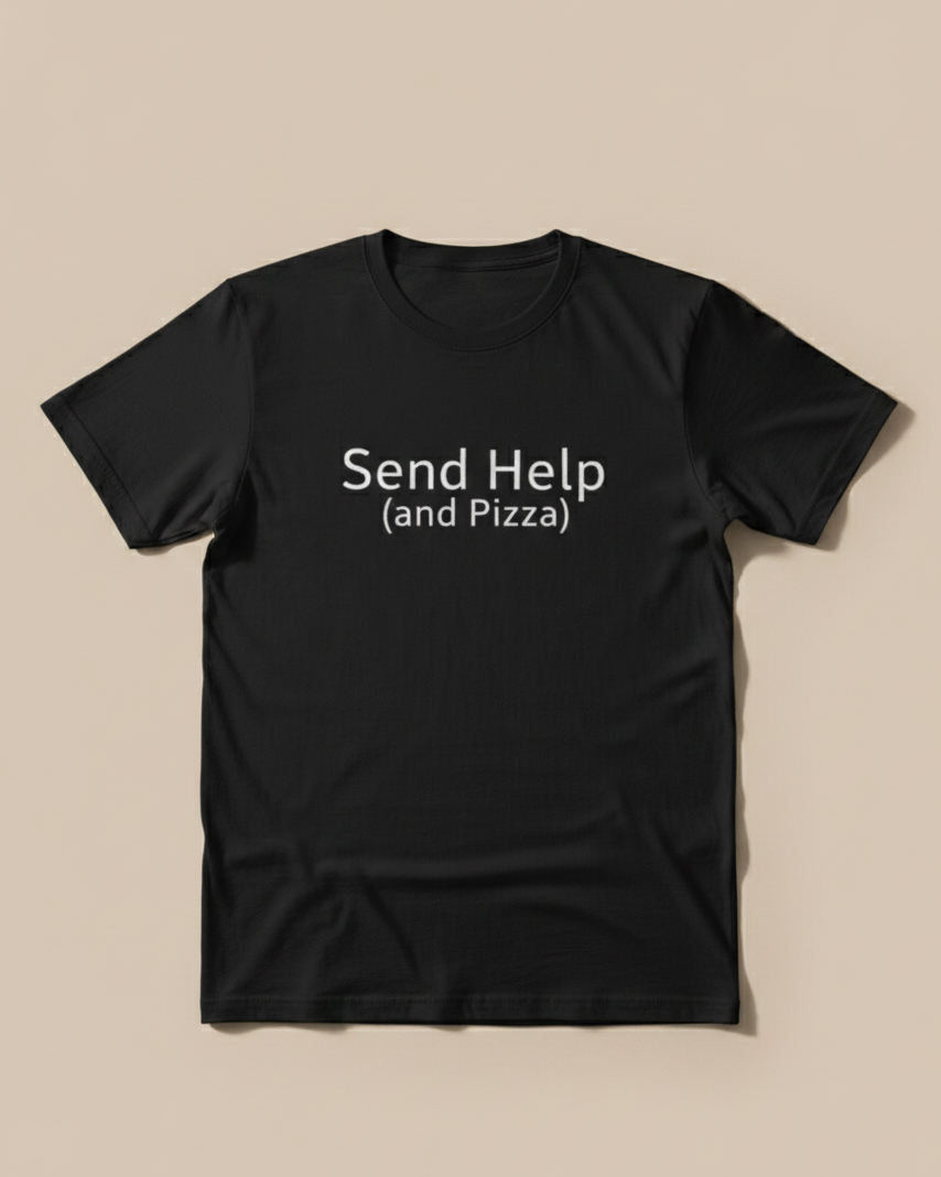Black t-shirt with 'Send Help (and Pizza)' text on a beige background