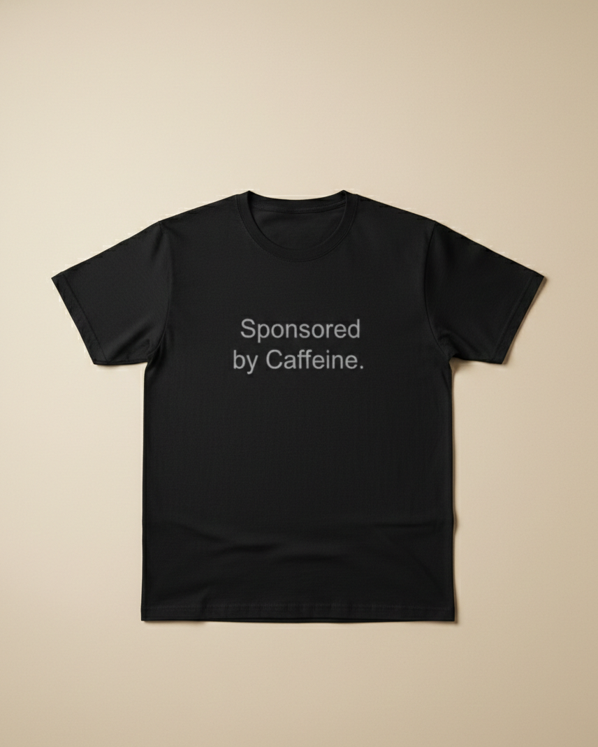 Black t-shirt with 'Sponsored by Caffeine.' text on a beige background