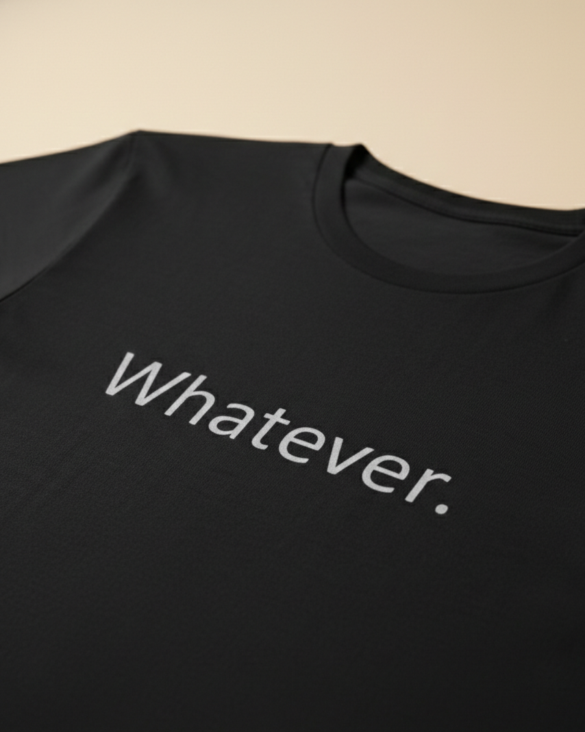 Black t-shirt with 'Whatever' text on a beige background.