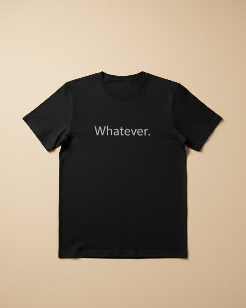 Black t-shirt with 'Whatever' text on a beige background