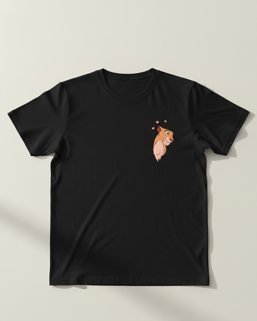 Black t-shirt with a squirrel design on a light gray background