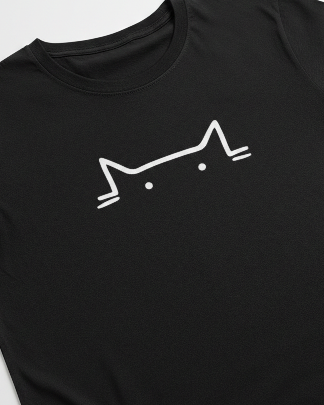 Black t-shirt with a white cat outline design on a light gray background