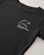 Black t-shirt with a white logo on a light gray background