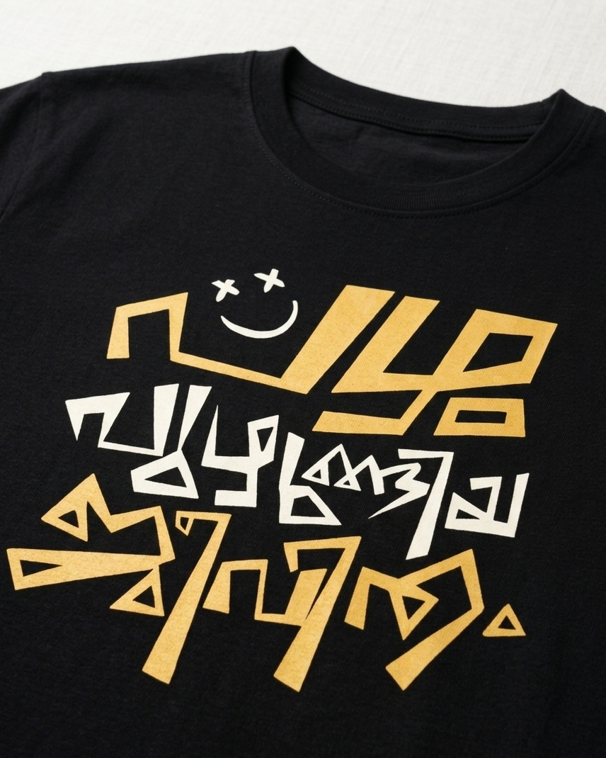 Black t-shirt with gold and white abstract design on a light gray background