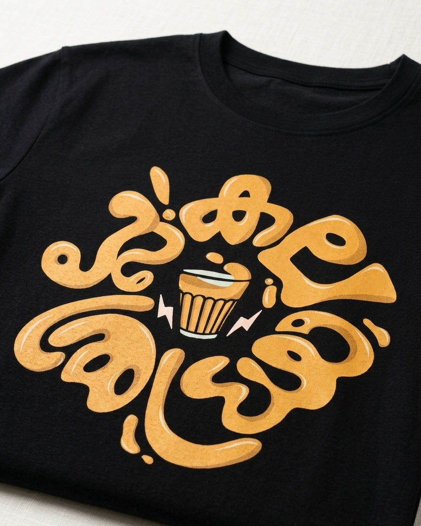 Black t-shirt with gold graphic design on a white background