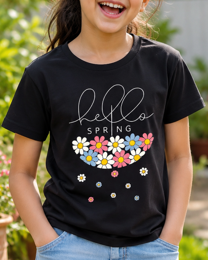 Girl wearing a Hello spring print in Black T-shirt
