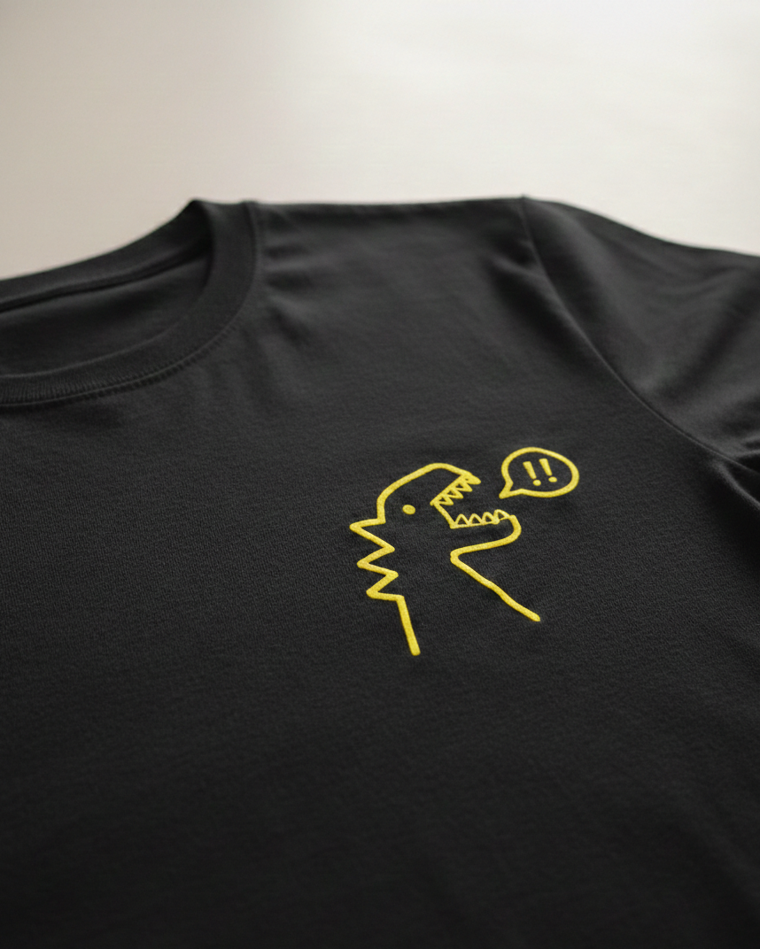 Black t-shirt with yellow graphic design on a light gray background