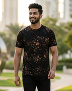 Man wearing Bleach Splatter Brush Effect Black T-shirt in residential area