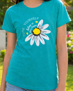 Girl wearing a  Blue green T-shirt with Sunflower print close view