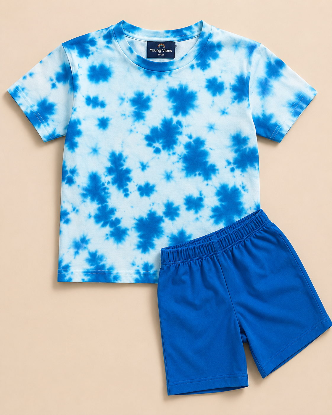 Blue Tie & Dye short set with round neck and half sleeve top and bottom.