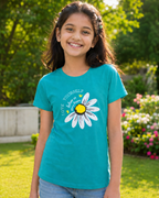Girl wearing a Blue Green T-shirt with Sunflower print